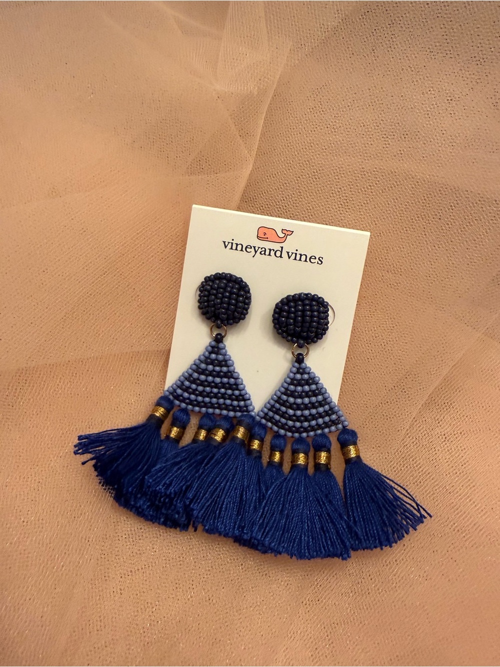 Vineyard Vines Blue Beaded Triangle Tassel Earrings